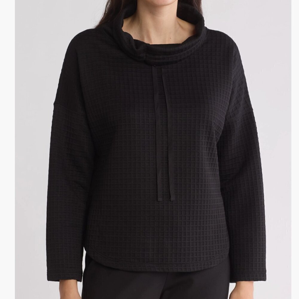 Max Studio Women's Size Large Funnel Neck Waffle Knit Pullover Sweatshirt Black